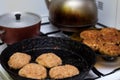 Preparing of cutlet from minced meat in frying pan