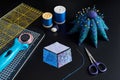 Preparing of diamond pieces of fabrics for sewing quilt Royalty Free Stock Photo