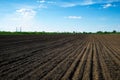 Preparing field for planting. Plowed soil in spring time, two tubes and blue sky