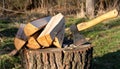 Preparing Firewood with an Axe Outdoors Royalty Free Stock Photo