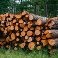Preparing firewood for winter, felled tree trunks, green grass