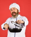 For preparing food. Bearded man cooking in kitchen. culinary and cuisine. Kitchen utensils. Healthy food cooking Royalty Free Stock Photo