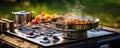 Preparing food outdoors, caming or picnic on metal gas stove Royalty Free Stock Photo