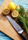 Preparing food for sauce salad by ingredient is lemon and coriander on wood block Royalty Free Stock Photo