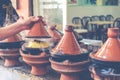 Preparing food in tajin traditional dish in Morocco - meat and v Royalty Free Stock Photo