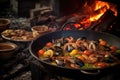 preparing fresh seafood for paella near fire