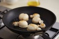 Preparing grilled cuttlefish in a pan