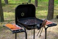 Preparing grilled party sausage, pork neck, steck - fire, smoke, briquette. Fire and white smoke - grill Royalty Free Stock Photo