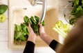 Top view of woman hands washing spinach at kitchen sink Royalty Free Stock Photo