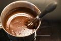 Preparing hot chocolate in metal saucepan Royalty Free Stock Photo