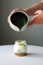 Preparing matcha latte green tea with milk in a glass on white table over gray background Royalty Free Stock Photo