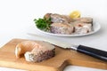 Preparing northern pike steaks, fresh raw fish piece and knife o Royalty Free Stock Photo