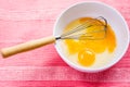 Preparing omelet with eggs and whisk Royalty Free Stock Photo