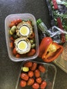 Preparing a packed lunch with scotch egg and salad Royalty Free Stock Photo