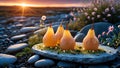 Gourmet Poached Pears with Pistachios at Sunset on Rocky Beach Royalty Free Stock Photo