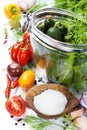 Preparing preserves of pickled cucumbers and tomatoes