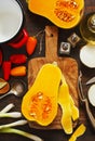 Preparing pumpkin, onions and sweet peppers for cooking Royalty Free Stock Photo