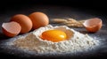 Preparing recipe using raw egg yolk centered in pile of white flour with whole eggs Royalty Free Stock Photo