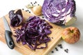 Preparing red cabbage with apple, onion, bay leaves and juniper Royalty Free Stock Photo