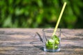 Preparing refreshing drink in the summer. glass without water with sliced cucumbers on a wooden table against background of green