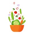 Preparing a salad with fresh vegetables . Isolated bowl with healthy food on a white background.