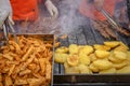 Preparing seasoned beef heart 'anticuchos' (Peruvian Gastronomy) Royalty Free Stock Photo