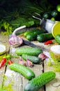 Preparing sour cucumbers in the kitchen on wood Royalty Free Stock Photo