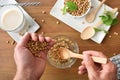 Preparing soy drink at home with soaked dry beans Royalty Free Stock Photo