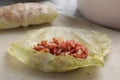 Preparing stuffed cabbage roll on board