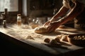 Baker kneads dough on a flour-covered table. AI generated