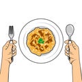 preparing to eat a plate of omelette, right hand holding a knife left hand holding a fork top view, telur dadar tampak atas