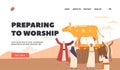 Preparing to Worship Landing Page Template. Ancient Jews Characters Worshiping Golden Taurus. Women and Men Dancing