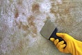 A repairman with a spatula cleans the wall of old paint from fungus and mold