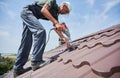 Prepearing to installation photovoltaic solar panel system on the roof. Royalty Free Stock Photo