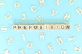 Preposition concept in English grammar and learning class lesson. Wooden blocks typography Royalty Free Stock Photo