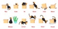 Preposition. Learning english prepositions with cute cat. Preschool educational poster with cartoon pet, language