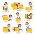 Preposition learning visual aid. Cute girl with cardboard box. Primary school education. English language studying