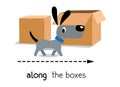 Preposition of movement. Dog walks along the box