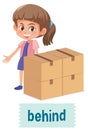 Preposition of place with cartoon girl and a box