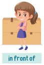 Preposition of place with cartoon girl and a box