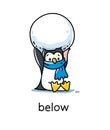 Preposition of place. Penguin below the snowball