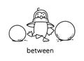 Preposition of place. Penguin goes between snowballs