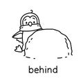 Preposition of place. Penguin stand behind the snowball