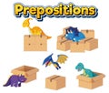 Preposition wordcard with dinosaurs and boxes Royalty Free Stock Photo
