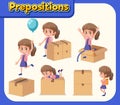 Preposition wordcard with girl and boxes