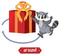 Preposition wordcard with raccoon around box