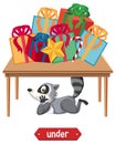 Preposition wordcard with raccoon under table