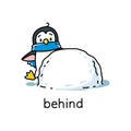 Prepositions. Penguin stand behind the snowball