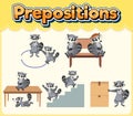 Prepostion wordcard design with different movements of raccoon Royalty Free Stock Photo