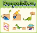 Prepostion wordcard design with dinosaurs and boxes Royalty Free Stock Photo